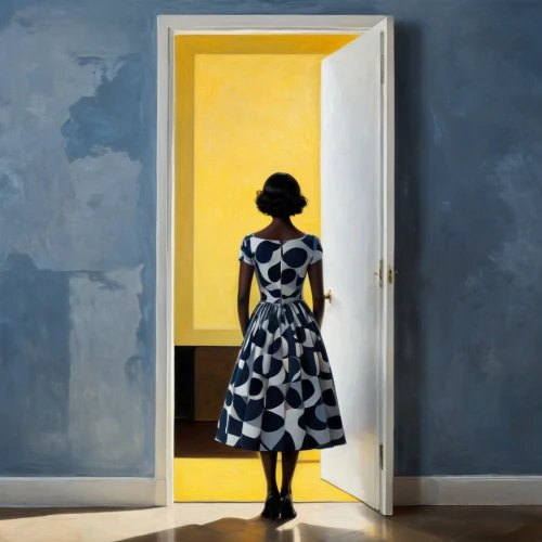woman silhouette,yellow wallpaper,girl walking away,a girl in a dress,girl in a long,girl in a long dress,open door,yellow light,blue door,woman walking,vermeer,carol m highsmith,miniaturist,vandervell,oil painting on canvas,woman thinking,oil on canvas,overpainting,yellow background,digital painting,Illustration,Black and White,Black and White 32