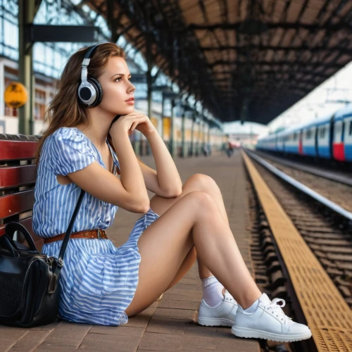 the girl at the station,listening to music,audiobooks,wireless headset,headphone,headphones,tracklisten,listening,music on your smartphone,the listening,audio player,girl sitting,wireless headphones,long-distance train,train whistle,travel woman,music player,music,audiofile,tinnitus,Photography,General,Realistic