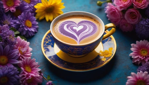 floral with cappuccino,two-tone heart flower,colorful heart,coffee background,floral heart,teacup arrangement,café au lait,latte art,purple tulip,violet tulip,cappuccinos,a cup of coffee,i love coffee,cup of cocoa,flower tea,cappuccino,tulip background,cute coffee,cappucino,tea art,Photography,General,Fantasy