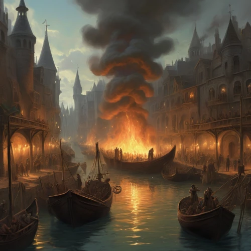 fireships,the carnival of venice,constantinople,waterdeep,novigrad,fireship,avernum,caravel,venetian,fantasy picture,city in flames,conclave,fantasy art,the conflagration,waterfire,firelands,fantasy landscape,kingsnorth,burning torch,sundering,Conceptual Art,Fantasy,Fantasy 01