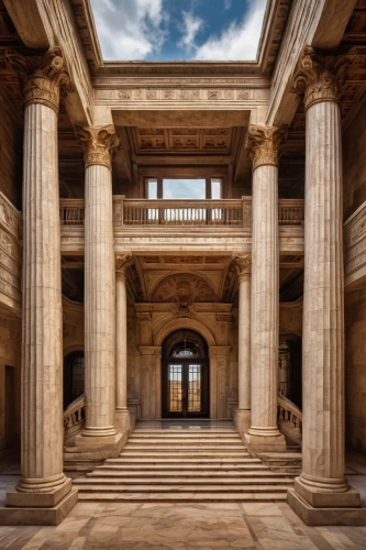 zappeion,peristyle,glyptothek,greek temple,doric columns,marble palace,colonnaded,colonnades,leptis,celsus library,colonnade,columns,neoclassical,egyptian temple,pillars,palladian,stoa,three pillars,columned,porticoes,Illustration,Retro,Retro 04