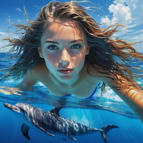 girl with a dolphin,underwater background,underwater world,wyland,dolphin swimming,freediver,female swimmer,aquaticus,under the water,underwater,ocean underwater,under water,underwater landscape,sea life underwater,dolphin rider,underwater fish,dolphin,underwater playground,dolphins in water,swimmer,Conceptual Art,Fantasy,Fantasy 12