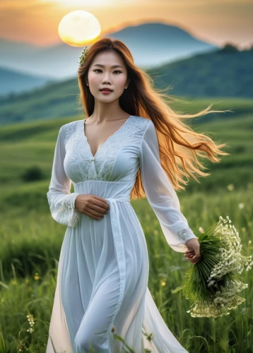 mongolian girl,vietnamese woman,inner mongolian beauty,ao dai,celtic woman,landscape background,eurythmy,asian woman,little girl in wind,girl in a long dress,countrywoman,nature background,japanese woman,image manipulation,shepherdess,belldandy,springtime background,girl on the dune,madding,photo manipulation,Photography,General,Realistic