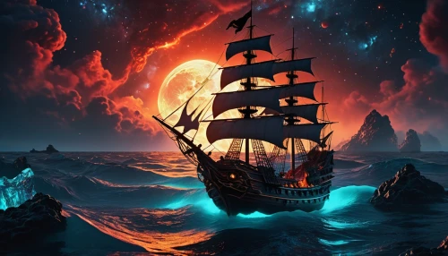 fantasy picture,pirate ship,maelstrom,scarlet sail,sea sailing ship,ghost ship,sail ship,sea fantasy,galleon,sailing ship,poseidon,fantasy art,spelljammer,viking ship,ocean background,world digital painting,fireships,dolphin background,shipwreck,the ship,Photography,Artistic Photography,Artistic Photography 03