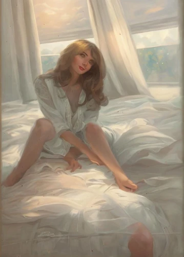 woman on bed,heatherley,mcnaughton,girl in bed,struzan,romantic portrait,pushkina,dmitriev,nestruev,pletnev,donsky,girl in cloth,basov,anatoly,ignatiev,lobanov,woman laying down,nightdress,kirienko,chudinov,Common,Common,Cartoon