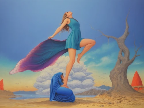 girl upside down,flying carpet,girl with a dolphin,surrealism,surrealist,flying girl,dance with canvases,levitation,surrealistic,supertramp,girl in a long,antigravity,demoiselles,amphitrite,lachapelle,somersault,levitating,girl in a long dress,ballerina girl,blue painting,Illustration,Realistic Fantasy,Realistic Fantasy 45