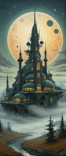witch's house,sci fiction illustration,deltha,dreamhouse,witch house,fantasy picture,moonbase,discworld,lunar landscape,house in the forest,homeworlds,spelljammer,fantasy landscape,alien ship,lonely house,starbase,futuristic landscape,treehouses,skyship,arcology,Illustration,Realistic Fantasy,Realistic Fantasy 31