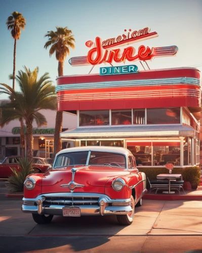 retro diner,drive in restaurant,diners,american classic cars,fifties,diner,classic car and palm trees,vintage cars,retro automobile,retro car,50's style,archies,oldsmobiles,vintage theme,motels,retro vehicle,ivars,americana,tailfins,car dealership,Illustration,Realistic Fantasy,Realistic Fantasy 26