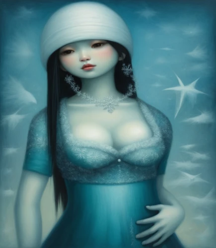 the sea maid,nightdress,amphitrite,pregnant woman icon,suit of the snow maiden,dollmaker,melusine,undine,fantasy portrait,milkmaid,smurfette,the girl in nightie,fantasy woman,horoscope libra,female doll,sieglinde,blue enchantress,azzurro,ariadne,phryne,Illustration,Abstract Fantasy,Abstract Fantasy 17