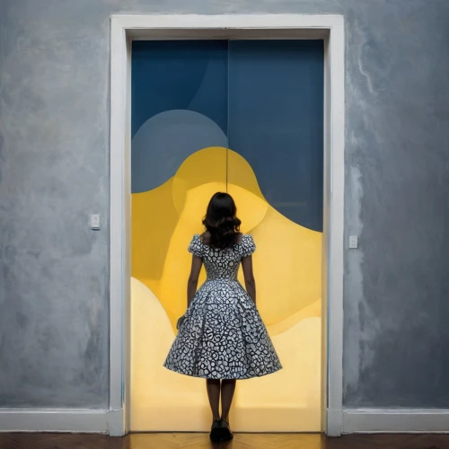 woman silhouette,art silhouette,yellow light,open door,turrell,yellow background,yellow wallpaper,mannequin silhouettes,metallic door,women silhouettes,girl in a long dress,yellow and blue,wall lamp,perfume bottle silhouette,silhouette art,a girl in a dress,roy lichtenstein,steel door,foscarini,girl walking away,Illustration,Black and White,Black and White 32