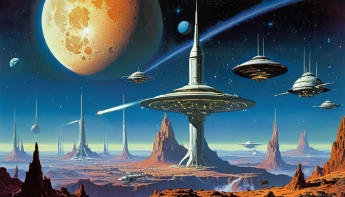 futuristic landscape,skyterra,ringworld,alien world,uncredited,alien planet,homeworld,barsoom,space ships,interplanetary,hildebrandt,valerian,extrasolar,scifi,homeworlds,sci - fi,utopias,futuregen,mcquarrie,sci fiction illustration,Conceptual Art,Sci-Fi,Sci-Fi 19