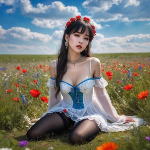 field of flowers,beautiful girl with flowers,field of poppies,flower field,flowers field,dirndl,poppy field,meadow flowers,poppy fields,mongolian girl,country dress,blooming field,floral poppy,girl in flowers,sea of flowers,fraulein,flower meadow,flower fairy,fantasy girl,flower ribbon