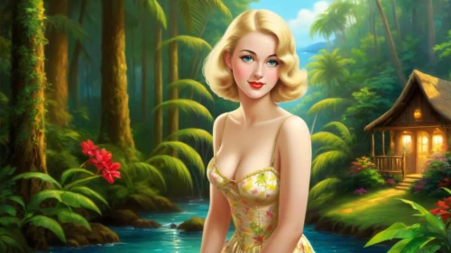 the blonde in the river,secret garden of venus,cartoon video game background,ninfa,tropico,naiad,amazonica,garden of eden,amazonia,pin-up girl,pin ups,amphitrite,fantasy woman,marylyn monroe - female,aphrodite,dreamlover,blonde woman,background ivy,forest background,valentine day's pin up