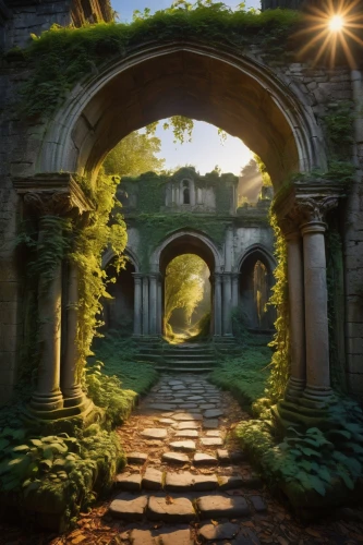 fantasy picture,archways,fantasy landscape,the mystical path,archway,doorways,the threshold of the house,hobbiton,nargothrond,pathway,gateway,passageway,rose arch,fantasy art,ruins,hall of the fallen,rivendell,entranceways,threshold,world digital painting,Art,Classical Oil Painting,Classical Oil Painting 39