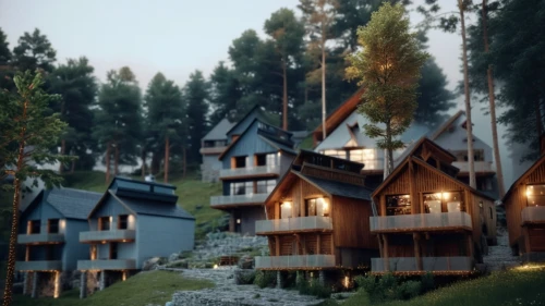 alpine village,wooden houses,mountain huts,cabins,mountain settlement,treehouses,house in mountains,aurora village,house in the mountains,boardinghouses,render,mountain village,streamwood,lodges,the cabin in the mountains,chalets,chalet,bunkhouses,ski resort,3d rendering,Photography,General,Cinematic
