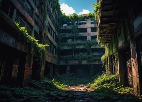 hashima,scampia,lostplace,lost place,overgrowth,gunkanjima,abandoned place,abandoned places,abandoned,lost places,post-apocalyptic landscape,derelict,disused,dereliction,alleyway,post apocalyptic,industrial ruin,overgrown,kowloon city,higurashi,Illustration,American Style,American Style 01