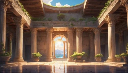 artemis temple,pillars,theed,violet evergarden,water palace,hall of the fallen,egyptian temple,archways,ancient city,parnassus,atlantis,dorne,paradisus,the threshold of the house,naboo,columns,background design,mausoleum ruins,marble palace,oasis,Illustration,Japanese style,Japanese Style 03