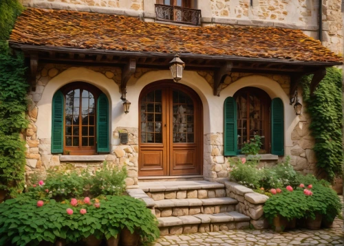 country cottage,french windows,traditional house,exterior decoration,front door,garden door,the threshold of the house,hameau,stone house,country house,provencal,wooden windows,beautiful home,entryway,alsace,doorways,wooden door,stonework,window front,stone houses,Illustration,Retro,Retro 17