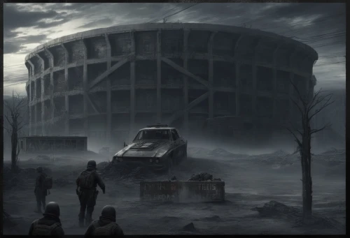 post-apocalyptic landscape,oil tank,industrial ruin,warehouses,sulaco,cooling tower,dystopian,kurilsk,silo,industrial landscape,norilsk,panopticon,prospal,postapocalyptic,arcology,post apocalyptic,ghost ship,destroyed city,lost place,gunkanjima,Conceptual Art,Fantasy,Fantasy 33