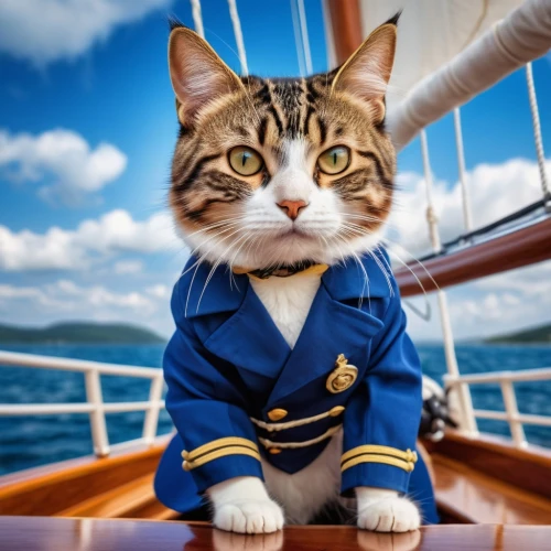 commandeer,cocaptain,sailor,capitaine,helmsman,hornblower,yachting,cat european,seafaring,crewmember,yachtsman,nautical star,aboard,tabarly,nautical,capitan,hadrianic,captain,cat on a blue background,on a yacht,Photography,General,Realistic