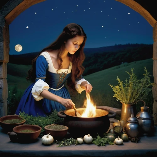 imbolc,the night of kupala,candlemaker,lughnasadh,toil,mabon,fantasy picture,romantic scene,kupala,cookery,celtic woman,fire making,magick,outdoor cooking,candlelit,celebration of witches,fortuneteller,romantic night,rosicrucians,druidry,Illustration,Realistic Fantasy,Realistic Fantasy 09
