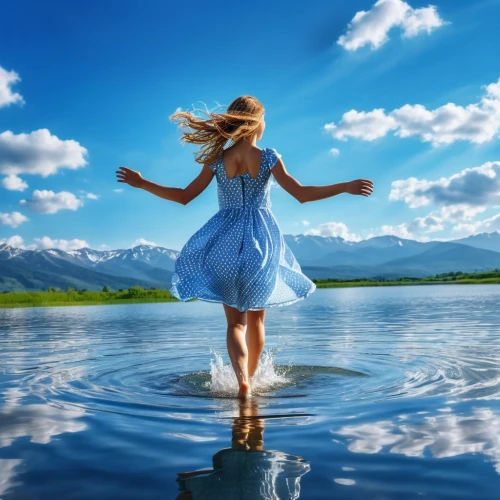 walk on water,riverdance,floating over lake,exhilaration,blue waters,eurythmy,gracefulness,landscape background,waterkeeper,nature background,girl on the river,exhilaratingly,the body of water,beautiful lake,leap for joy,creative background,landscapes beautiful,nature wallpaper,walking in a spring,carefree,Photography,General,Realistic
