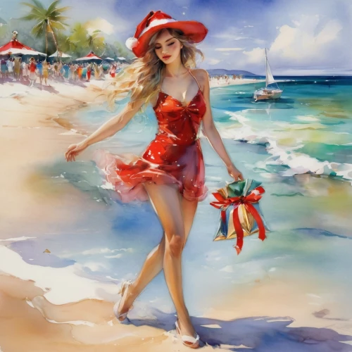 santa claus at beach,christmas on beach,beach background,holidaymaker,donsky,christmas pin up girl,man in red dress,lady in red,beachwear,red hibiscus,beautiful beach,walk on the beach,red summer,red hat,beachcomber,beautiful beaches,the sea maid,pin up christmas girl,photo painting,beach scenery,Illustration,Paper based,Paper Based 11