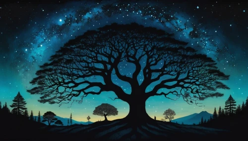 tree silhouette,painted tree,magic tree,celtic tree,old tree silhouette,tree,tree of life,yggdrasil,the trees,a tree,watercolor tree,lone tree,isolated tree,silhouette art,nature background,forest tree,moon and star background,trees,the night sky,valar,Illustration,Abstract Fantasy,Abstract Fantasy 19