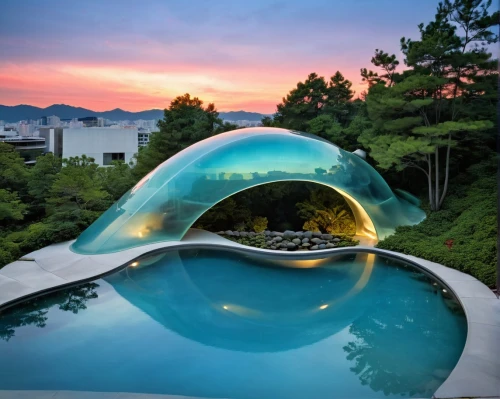 earthship,futuristic architecture,infinity swimming pool,dolphin fountain,glass sphere,inflatable pool,roof landscape,futuristic landscape,dreamhouse,aqua studio,roof domes,pool house,etfe,superadobe,jeju island,south korea,cubic house,tropical house,waterslide,dug-out pool,Photography,General,Realistic