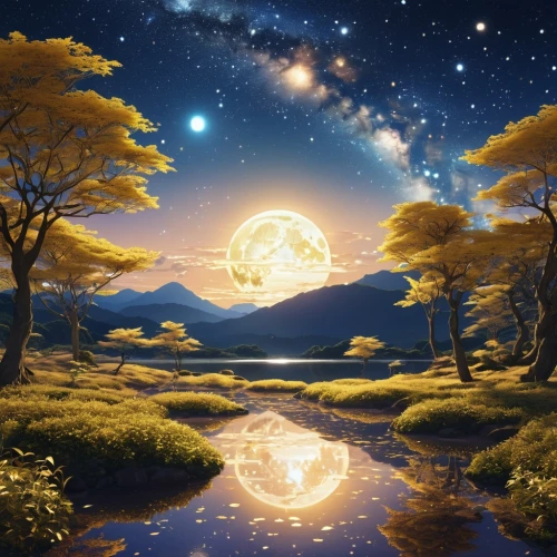 moon and star background,fantasy picture,goldmoon,moonlit night,landscape background,moonbeams,lunar landscape,blue moon,starclan,fantasy landscape,dreamscapes,nature background,starry night,starry sky,celestial bodies,moonlighted,the night of kupala,lughnasadh,moons,dreamtime,Photography,General,Realistic