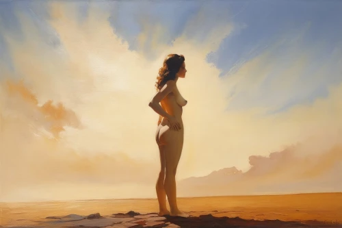 girl on the dune,donsky,fischl,overpainting,woman silhouette,vettriano,heatherley,oil painting,jeanneney,bather,girl in a long,underpainting,nestruev,sunbather,world digital painting,golden sands,digital painting,photo painting,amphitrite,heslov,Illustration,Paper based,Paper Based 23
