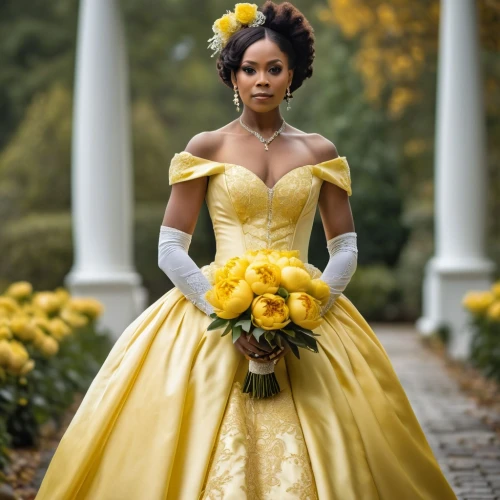 tiana,gold yellow rose,yellow rose,ball gown,belle,yellow roses,pemberley,ballgown,debutante,chigwedere,yellow rose background,queen bee,a floor-length dress,noblewoman,rosalinda,southern belle,forsyte,beautiful african american women,victorian lady,duchesse,Photography,General,Realistic