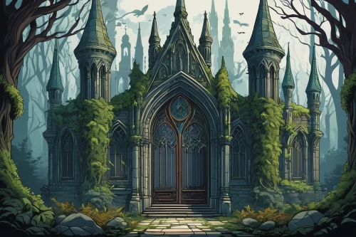 haunted cathedral,forest chapel,mausoleum ruins,hall of the fallen,mausolea,witch's house,waldgraves,necropolis,elven forest,cathedral,threshhold,old graveyard,gothic church,sepulchres,sanctuary,labyrinthian,portal,sanctum,holy forest,maplecroft,Illustration,Vector,Vector 01