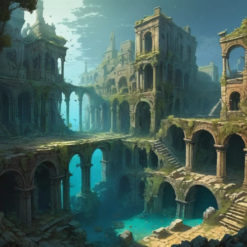 sunken church,underwater landscape,underwater oasis,ancient city,ruins,underwater playground,atlantis,ruin,underwater background,abandoned place,fantasy landscape,the ruins of the,ancient ruins,subterranea,submerged,lost place,imperial shores,ancient buildings,atlantica,atlantik,Illustration,Realistic Fantasy,Realistic Fantasy 12