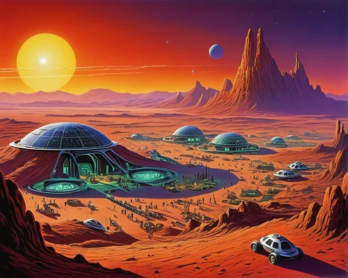 futuristic landscape,alien planet,barsoom,alien world,bonestell,extrasolar,homeworlds,farpoint,terraformer,terraformed,habitable,planet mars,homeworld,astrobiology,futureworld,red planet,futurology,deltha,scifi,exoplanet,Conceptual Art,Sci-Fi,Sci-Fi 20