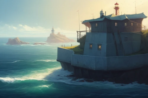 seafort,lighthouse,electric lighthouse,house of the sea,lighthouses,light house,lifeguard tower,phare,atlantica,petit minou lighthouse,red lighthouse,light station,dragonstone,sea fantasy,seasteading,islet,watchtower,watch tower,open sea,watchtowers,Conceptual Art,Fantasy,Fantasy 03
