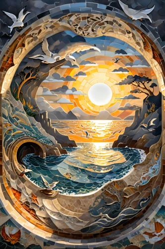 whirlwinds,whirlpools,whirlpool,sea landscape,seascape,sun moon,sun and sea,charybdis,maelstrom,sea fantasy,the endless sea,the wind from the sea,gillmor,dieckmann,swirling,atlanticus,earthsea,ocean waves,wind rose,sun and moon,Illustration,Retro,Retro 13