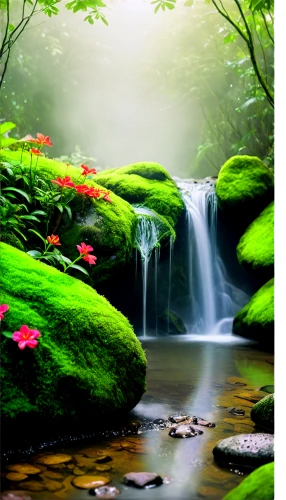 nature wallpaper,nature background,green waterfall,background view nature,landscape background,mountain spring,nature landscape,natural scenery,beautiful nature,a small waterfall,moss landscape,beauty in nature,green landscape,tropical forest,flowing water,beautiful landscape,landscape nature,the natural scenery,flower water,mountain stream,Illustration,Paper based,Paper Based 19