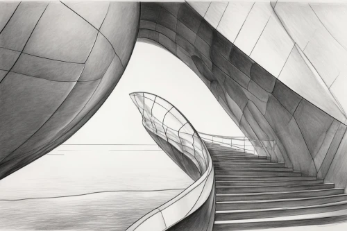 morphosis,arcology,gehry,disney hall,parametric,utzon,etfe,curvatures,winding staircase,stairways,nevelson,nurbs,confluences,samuel beckett bridge,kiesler,shadings,niemeyer,staircases,assails,revit,Illustration,Black and White,Black and White 30
