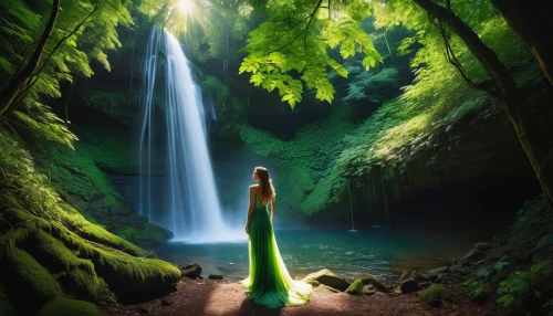 green waterfall,fantasy picture,alfheim,green wallpaper,emerald,green forest,lilly of the valley,rivendell,nectan,lorien,waterfall,saria,nature background,fairy forest,nature wallpaper,water fall,deviantart,world digital painting,verdant,kagome,Conceptual Art,Daily,Daily 32