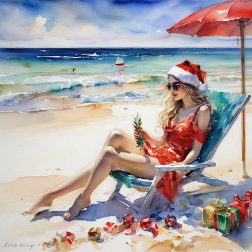 santa claus at beach,christmas on beach,blonde girl with christmas gift,donsky,christmas pin up girl,christmas woman,holidaymaker,pin up christmas girl,christmas island,watercolor christmas background,christmas landscape,kordic,santa and girl,natal,christmas day,watercolor painting,santelli,christmases,whitmore,palizzi,Illustration,Paper based,Paper Based 11