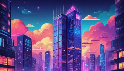 cityscape,colorful city,skyscraper,skyscrapers,fantasy city,cybercity,futuristic landscape,metropolis,city skyline,beautiful wallpaper,skyscraping,evening city,skyscraper town,cityzen,dusk background,synth,cybertown,cloudstreet,microdistrict,the skyscraper,Unique,Pixel,Pixel 05