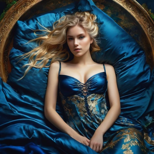 blue pillow,blue rose,margaery,margairaz,blue dress,royal blue,blue enchantress,blue heart,annasophia,cinderella,blue moon rose,woman on bed,vasilisa,the sleeping rose,blue hydrangea,celtic woman,girl in bed,azure,fairest,lopilato,Conceptual Art,Fantasy,Fantasy 05