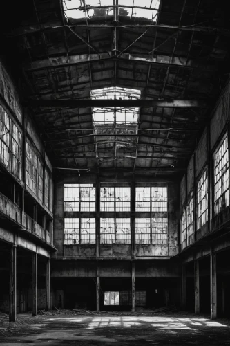 empty factory,factory hall,industrial hall,abandoned factory,warehouse,warehouses,empty interior,old factory,old factory building,warehousing,industrial ruin,usine,empty hall,dogpatch,dilapidation,derelict,industrial building,deindustrialization,brownfield,urbex,Illustration,Black and White,Black and White 23