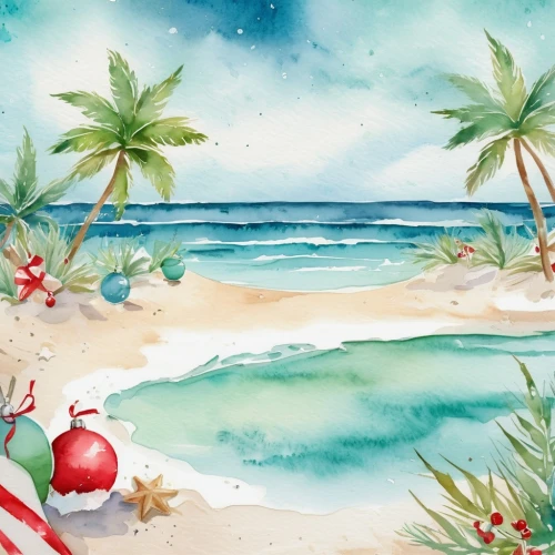 watercolor christmas background,christmas on beach,santa claus at beach,watercolor palm trees,watercolor background,watercolor christmas pattern,beach background,christmasbackground,christmas background,beach scenery,christmas snowy background,christmas island,summer background,christmas balls background,beach landscape,ocean background,dream beach,tropical beach,coconut trees,christmas wallpaper,Illustration,Paper based,Paper Based 25