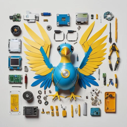 electronic waste,arduino,disassembling,disassembled,twitter bird,assemblage,disassembly,aguiluz,assemblages,components,blue bird,blue parrot,yellow and blue,blue and gold macaw,disassembles,gadgets,disassembler,reassembles,bird perspective,coprocessor,Unique,Design,Knolling