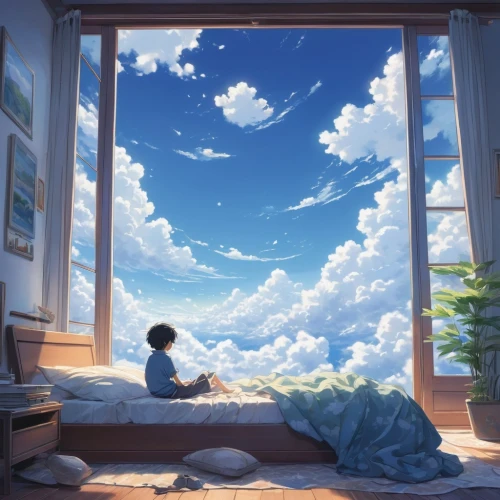 dream world,cloudstreet,sky apartment,dreaming,sleeping room,summer sky,dreamlife,skylight,window to the world,daydreaming,dream art,clouds - sky,boy's room picture,atmosphere,restful,bedroom window,dreaminess,dreamland,dream,peaceful,Illustration,Japanese style,Japanese Style 05
