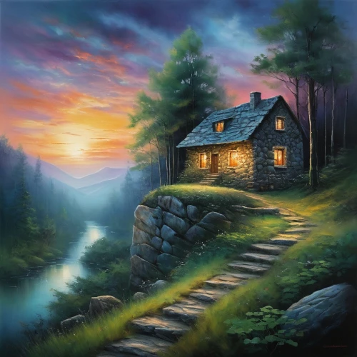 lonely house,house in mountains,cottage,home landscape,house in the forest,house with lake,summer cottage,little house,house in the mountains,small house,fisherman's house,the cabin in the mountains,small cabin,landscape background,house painting,traditional house,wooden house,cabin,fantasy picture,dreamhouse,Conceptual Art,Daily,Daily 32