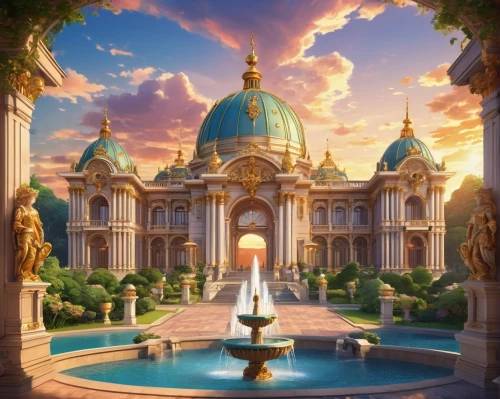 europe palace,palaces,grandeur,citadels,city fountain,castlevania,theed,palace,civ,fountain of friendship of peoples,emporium,symphonique,marble palace,karakas,agrabah,gold castle,fountain,vittoriano,water palace,atlantis,Illustration,Japanese style,Japanese Style 03