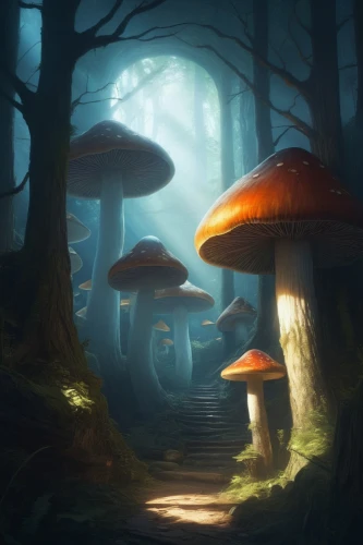 mushroom landscape,forest mushrooms,forest mushroom,mushroom island,toadstools,fairy forest,mushrooms,conocybe,umbrella mushrooms,agarics,blue mushroom,armillaria,enchanted forest,inocybe,toadstool,clitocybe,fungi,mycena,club mushroom,forest floor,Conceptual Art,Fantasy,Fantasy 12